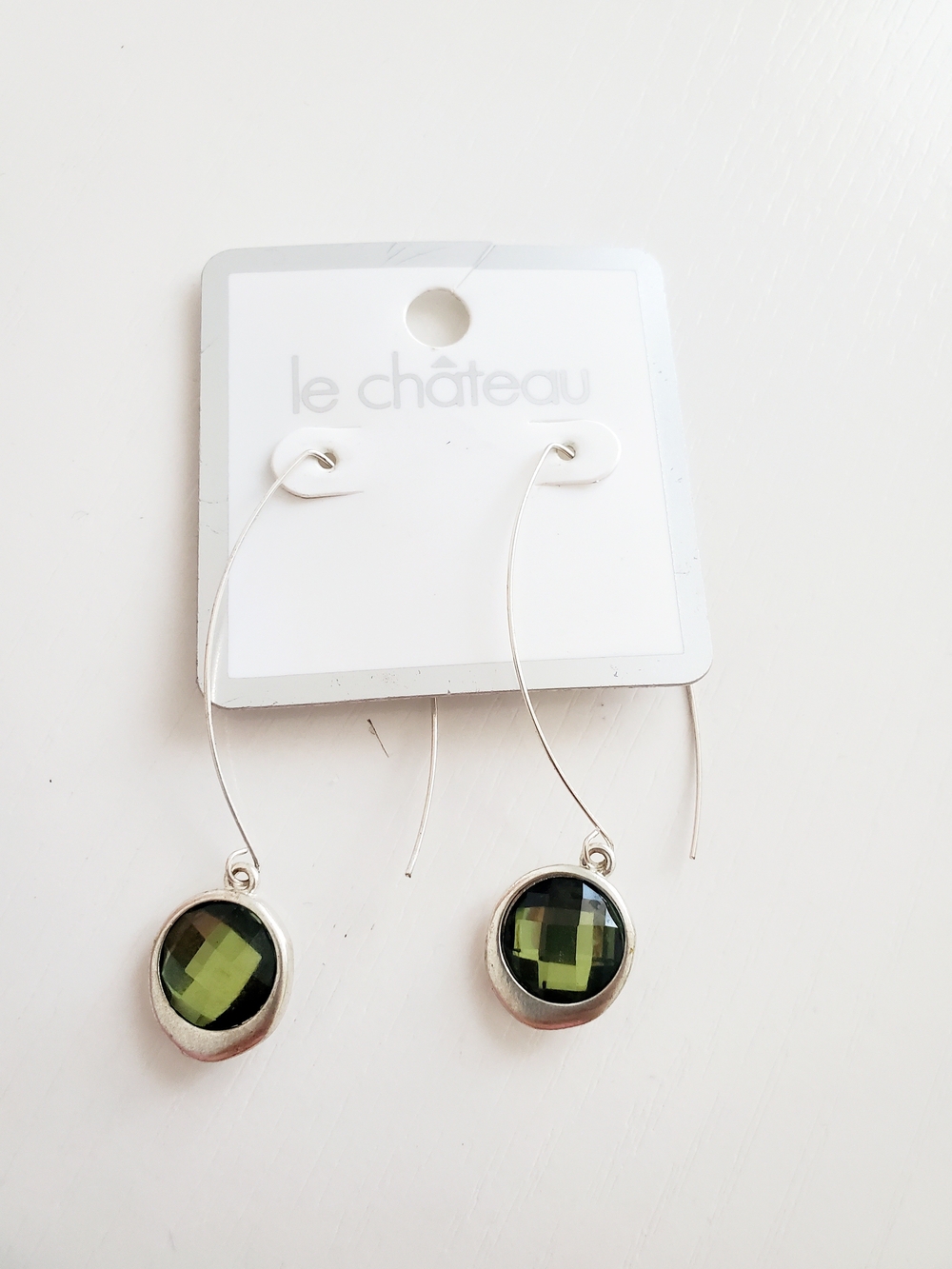 le chateau Olive Green Faceted Drop Earrings with Silver Hooks